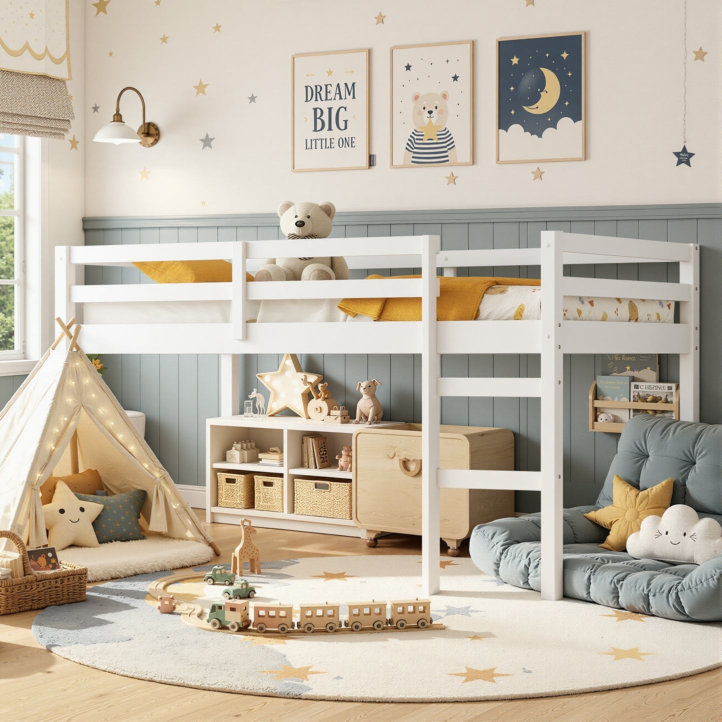 Twin Loft Bed with Ladder and Guardrails for Boys Girls, SESSLIFE Low Height Solid Wood Bed Frame, Space Saving Loft Bed with Under Bed Reading Nook, Play Area, Storage Space, White