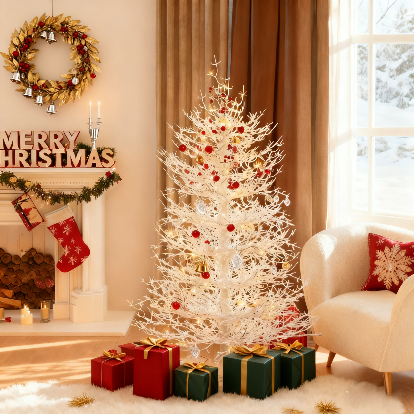SESSLIFE 6FT Pre-lit Artificial Christmas Tree, Snow Flocked Coral Design with 420 Warm White LED Lights, Easy Assembly Hinged Tree for Home Holiday Decor, White