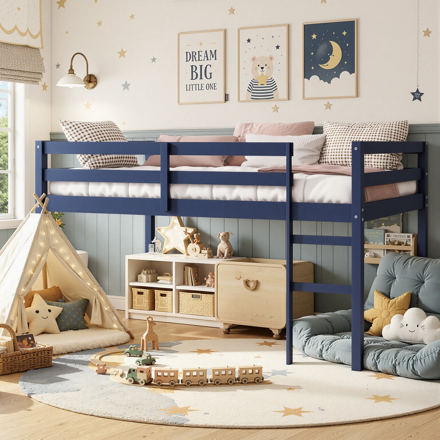 Twin Loft Bed with Ladder and Guardrails for Boys Girls, SESSLIFE Low Height Solid Wood Bed Frame, Space Saving Loft Bed with Under Bed Reading Nook, Play Area, Storage Space, White