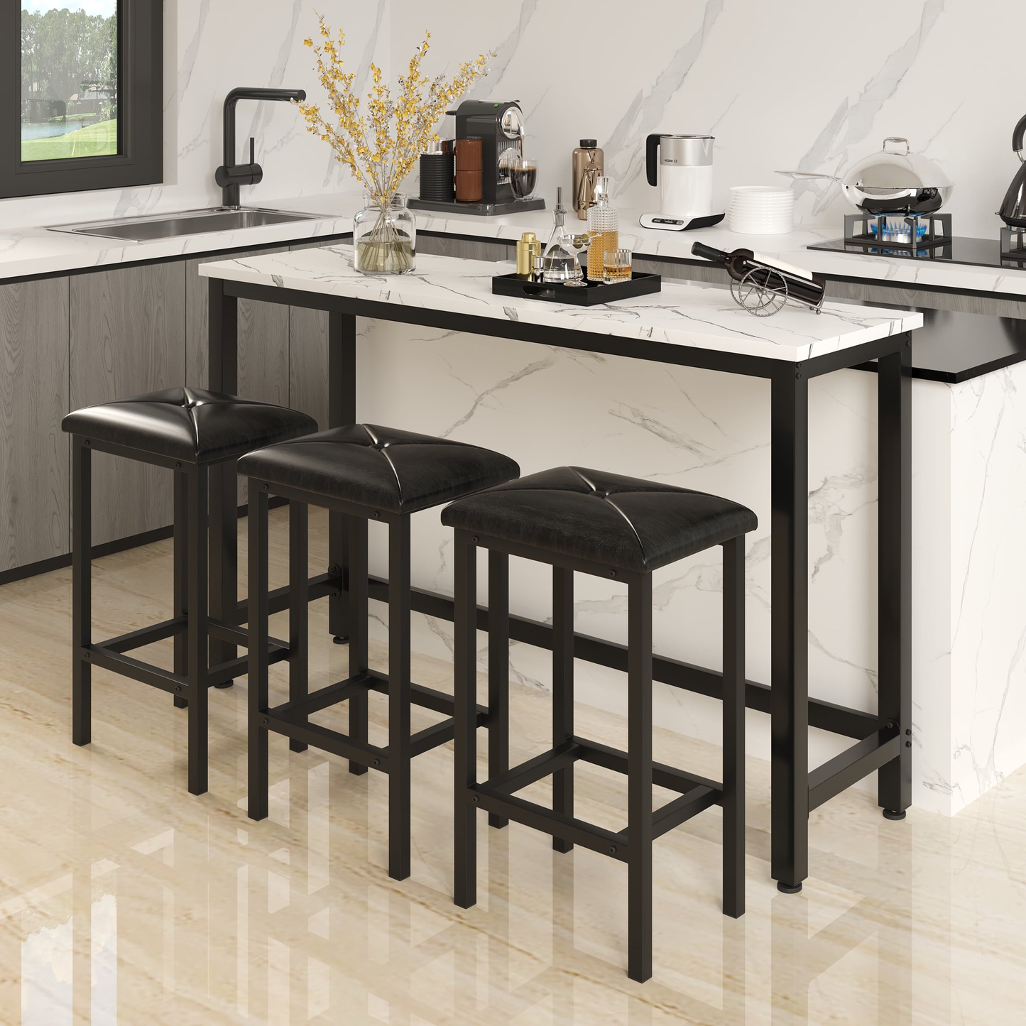 Enyopro Dining Table Set for 3, Modern Dining Room Table Set with 3 Upholstery Stools, Bar Table Set, Saving Space Restaurant Bistro Table Set