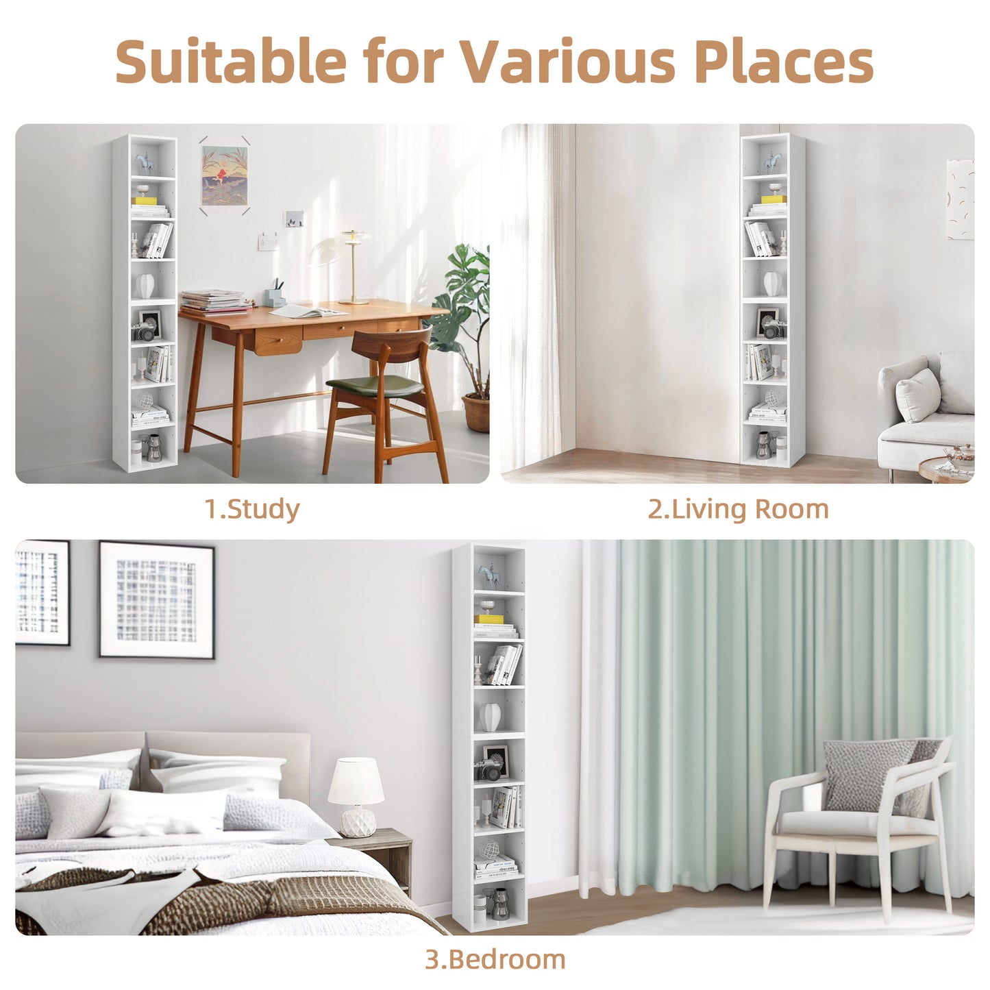 8-Tier White Bookshelf, Wood Open Display Bookshelf with Adjustable Shelves, Tall Narrow Bookcase with Slim Storage, Modern Media Tower Rack for Living Room, Home Office