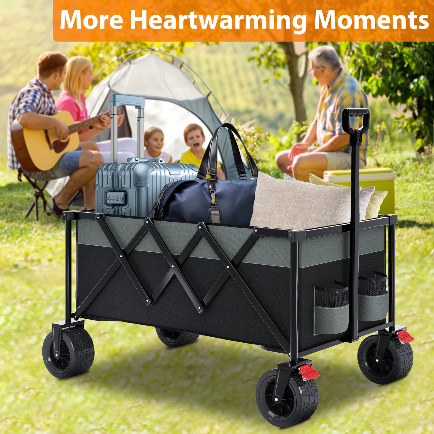 SESSLIFE Folding Beach Wagon Cart, 350LBS Capacity Camping Wagon with Big Wheels, Extra Pocket, Storage Bag and Cup Holder, Collapsible Portable Wagon Cart, Gray+Black