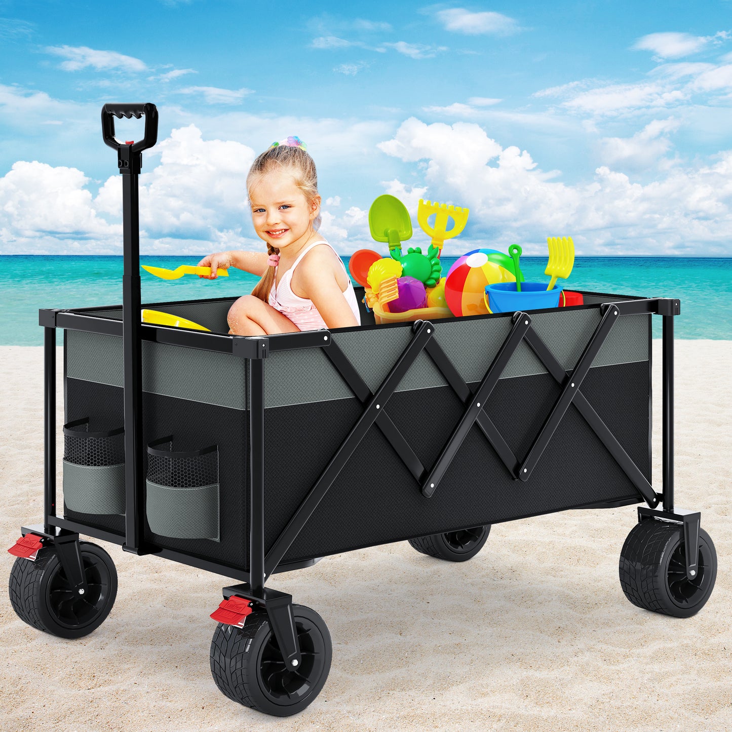 SESSLIFE Folding Beach Wagon Cart, 350LBS Capacity Camping Wagon with Big Wheels, Extra Pocket, Storage Bag and Cup Holder, Collapsible Portable Wagon Cart, Gray+Black