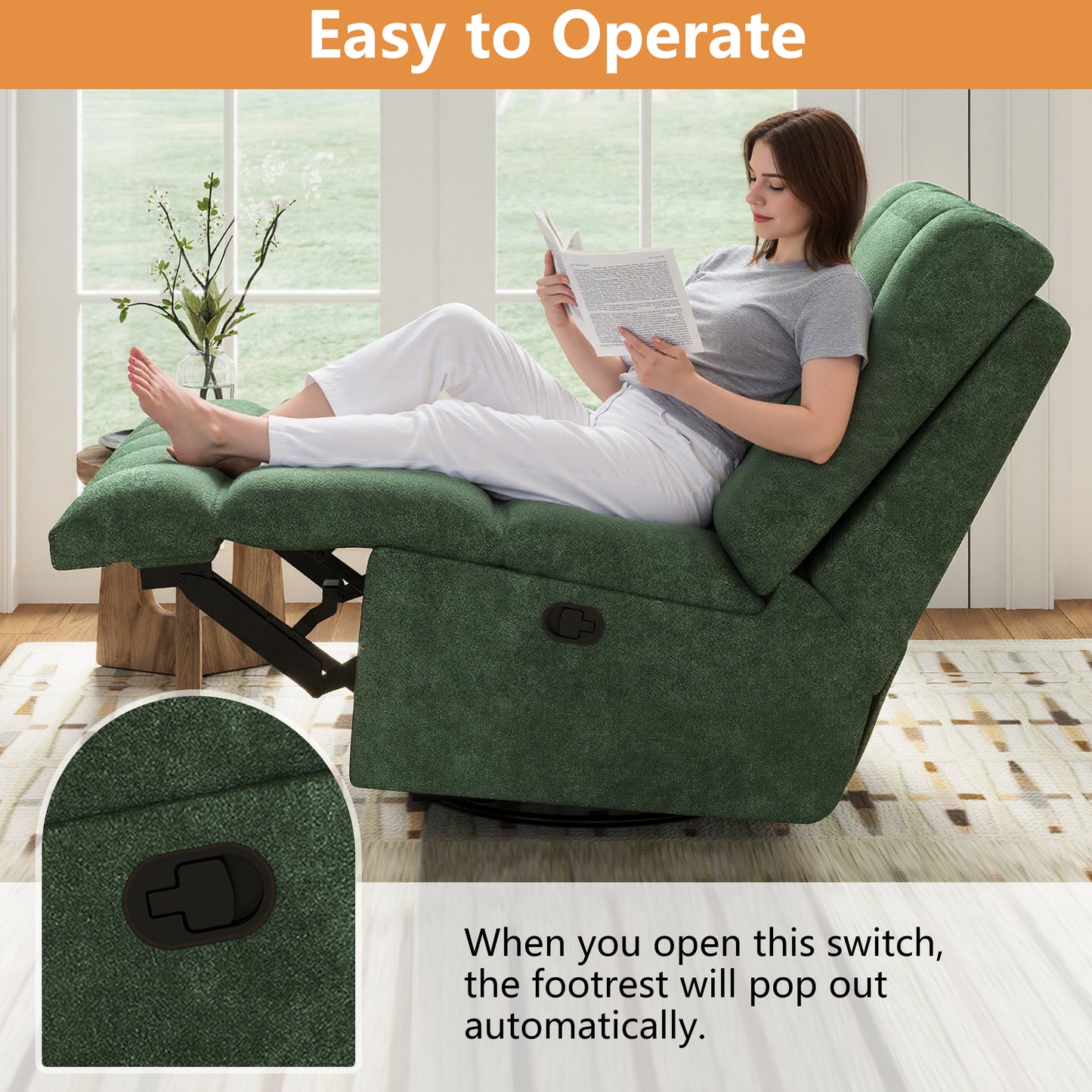 SESSLIFE 360° Swivel Rocker Recliner Chair, Chenille Manual Recliner Chair with Rocking Motion, Nursery Recliner Chair for Adults, Small Space Recliner for Living Room, Green