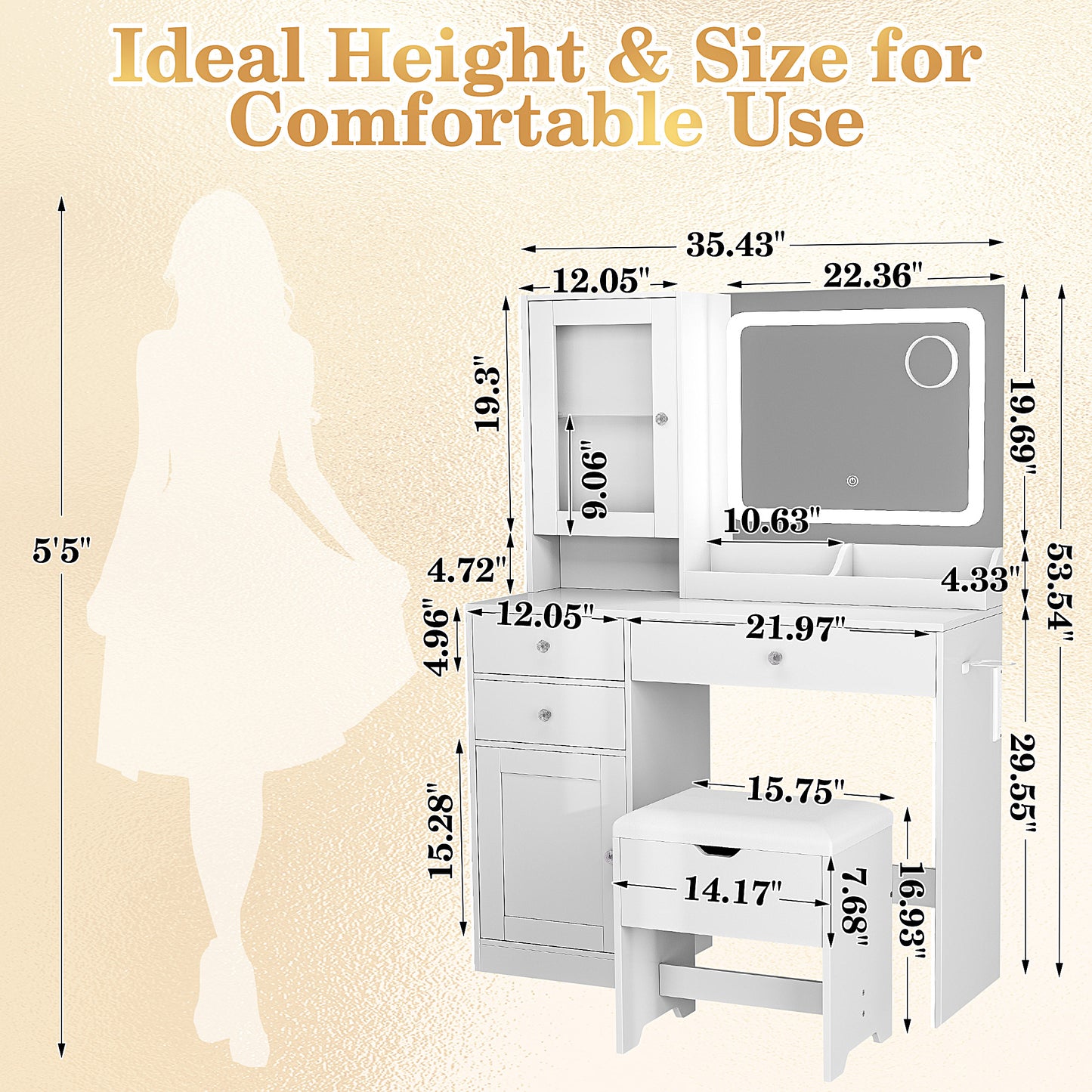 SESSLIFE Vanity Desk Set with Mirror & Lights, Makeup Dressing Table with Charging Station and Storage Stool, Makeup Desk with 3 Large Drawers, 2 Cabinets and Shelves for Women Girls Gifts, White