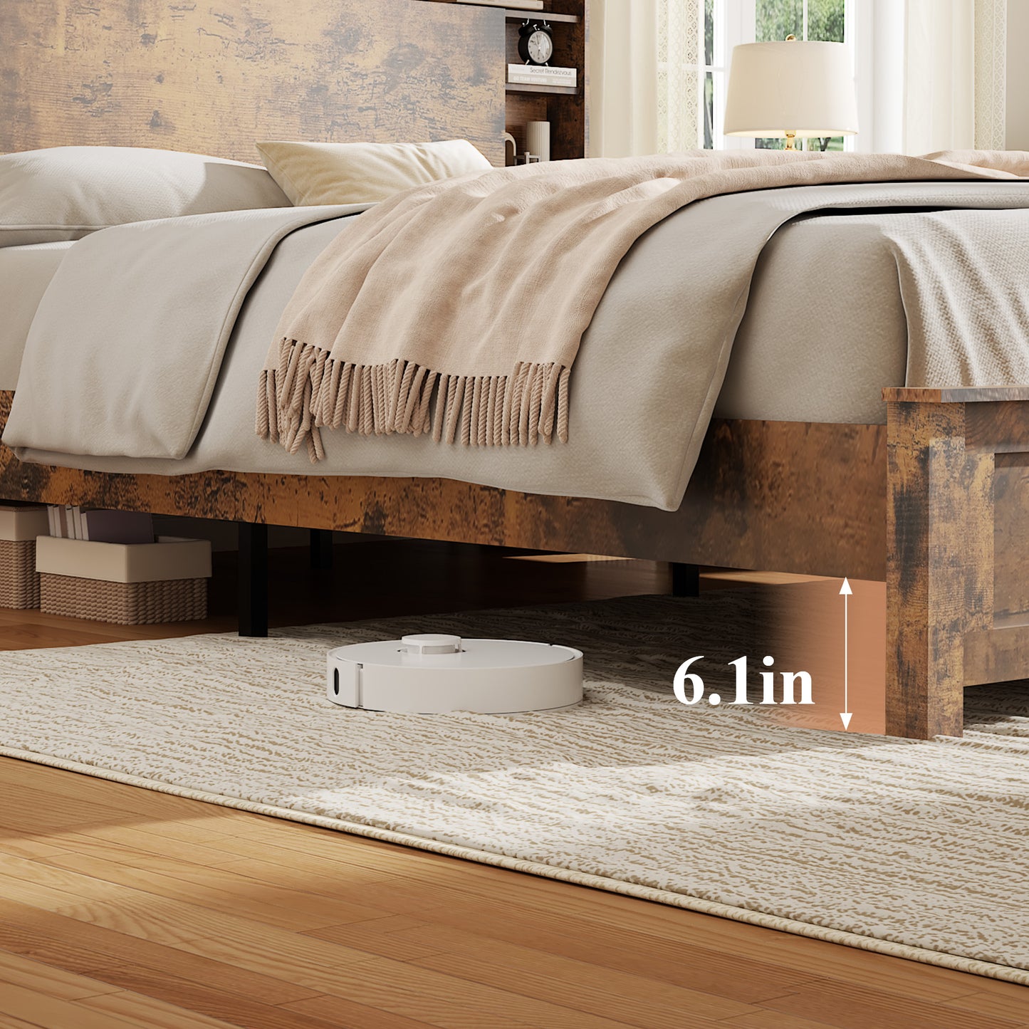 SESSLIFE Queen Bed Frame with Storage Headboard, Wood Platform Bed Frame with Charging Station, LED Lights & Bookcase Shelf, Queen Size Bed Holds up to 800lbs, No Box Spring Needed, Dark Brown