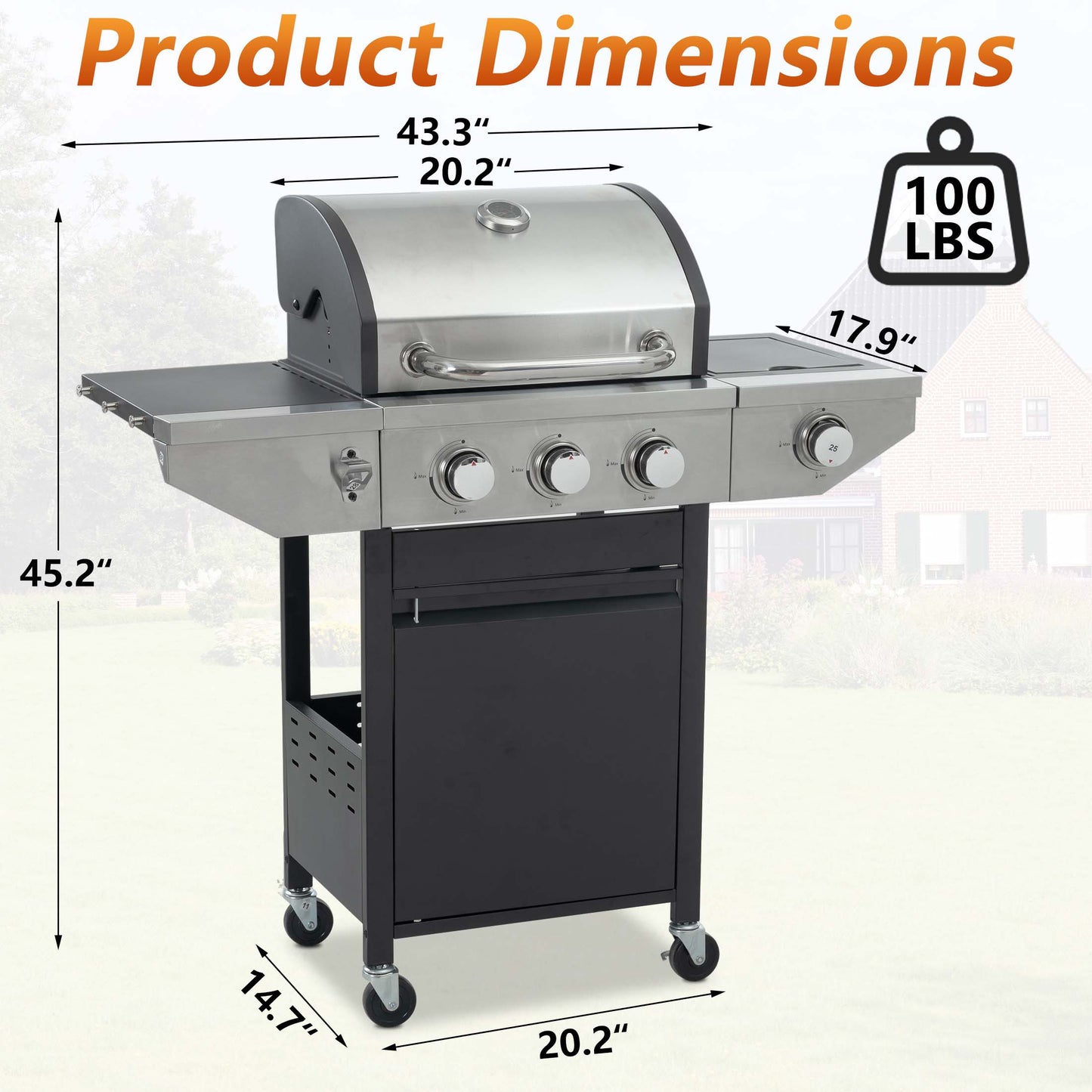 3 Burner Propane Gas Grill, 37,150BTU Stainless Steel Barbecue Grill with Side Burner and Thermometer, Outdoor Cooking BBQ Camping Grill