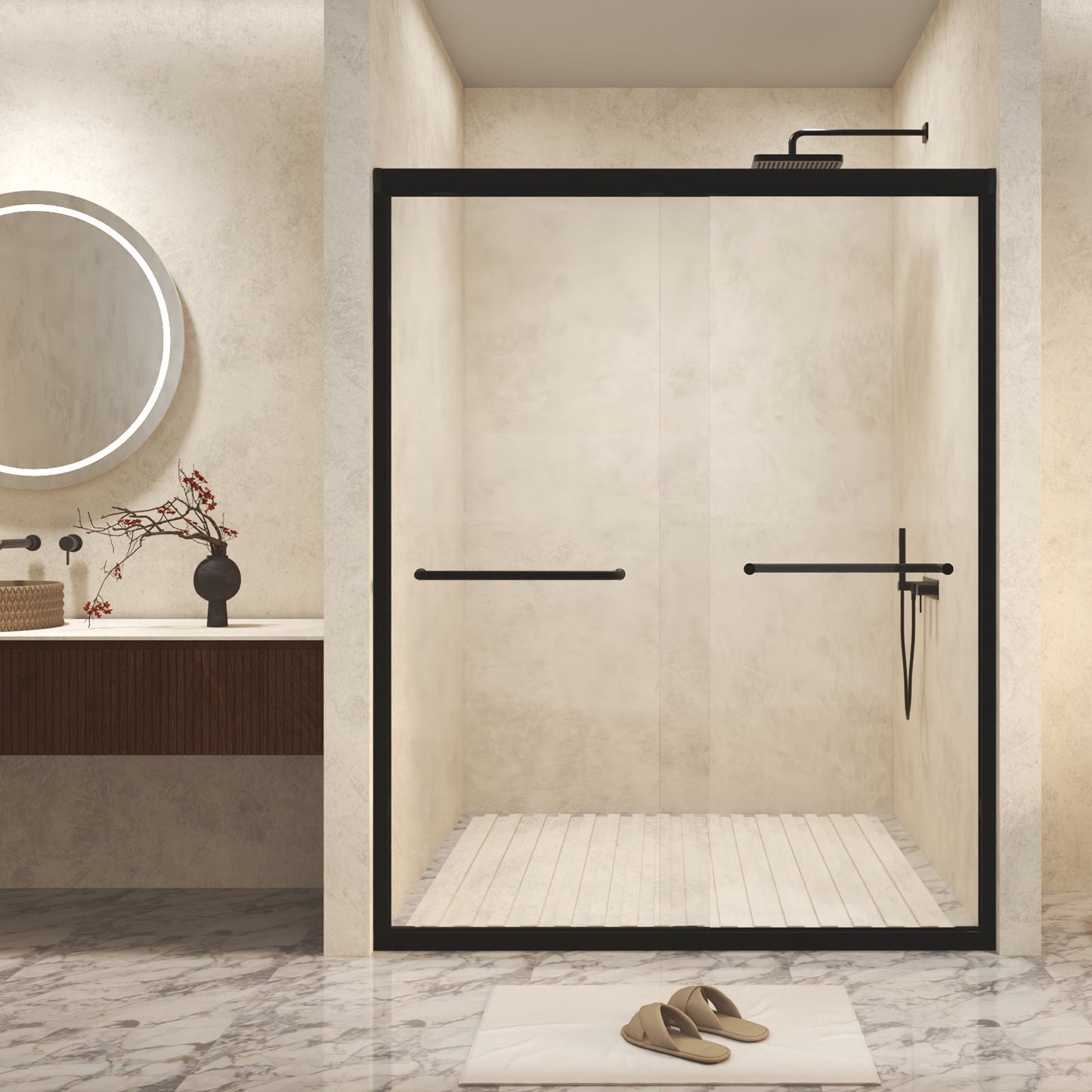 Sesslife 44-48 in W x 72 in H Double Sliding Shower Door with Aluminum Frame, Modern Tub Door with 1/4" (6 mm) Clear Tempered Glass and Stainless Steel Long Handles, SCGG Certified, Matte Black