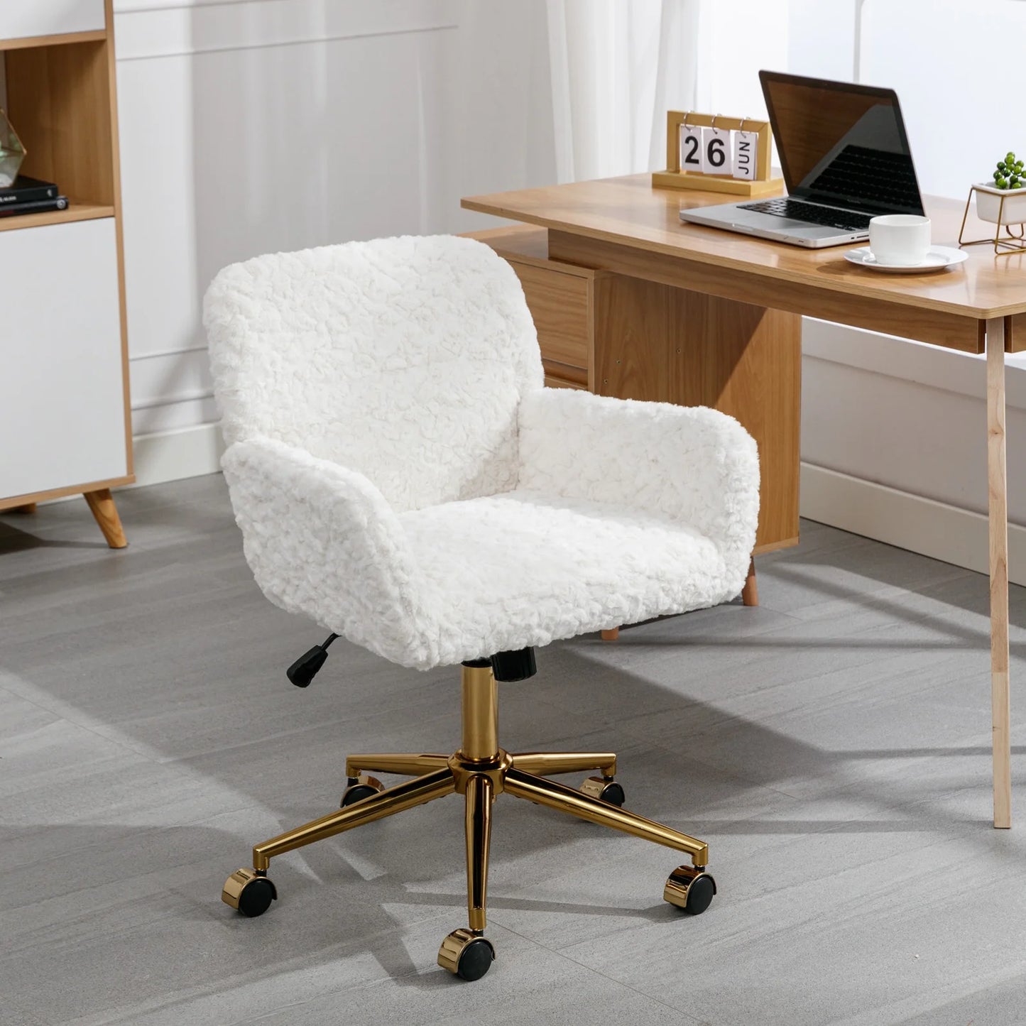 PORKISS Home Office Chair, Ergonomic Home Desk Chair with Artificial Rabbit Hair, Adjustable Swivel Vanity Task Computer Chair with Arm, Wheels, Beige