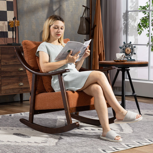 Modern Rocking Chair with Padded Lumbar Pillow, Mid-Century Accent Chairs with Solid Wood Frame for Living Room Bedroom Playroom, Brown