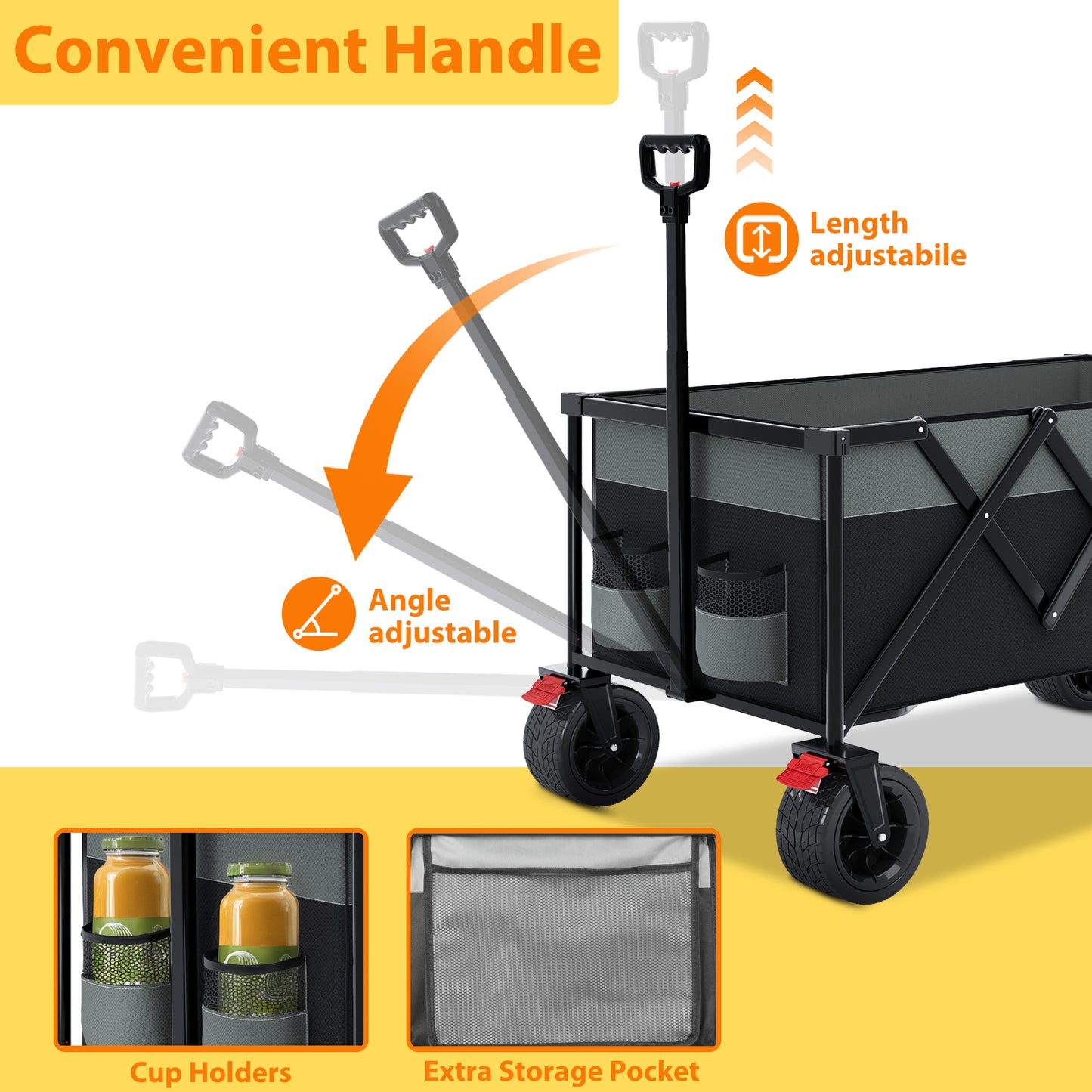 SESSLIFE Folding Beach Wagon Cart, 350LBS Capacity Camping Wagon with Big Wheels, Extra Pocket, Storage Bag and Cup Holder, Collapsible Portable Wagon Cart, Gray+Black