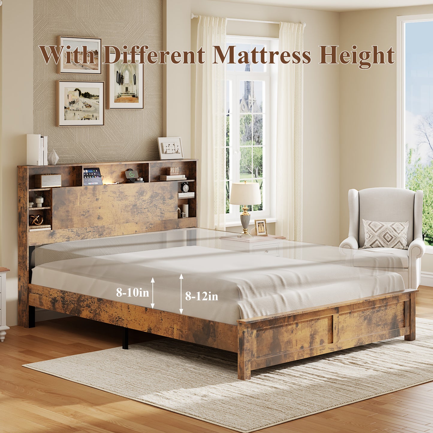 SESSLIFE Queen Bed Frame with Storage Headboard, Wood Platform Bed Frame with Charging Station, LED Lights & Bookcase Shelf, Queen Size Bed Holds up to 800lbs, No Box Spring Needed, Dark Brown