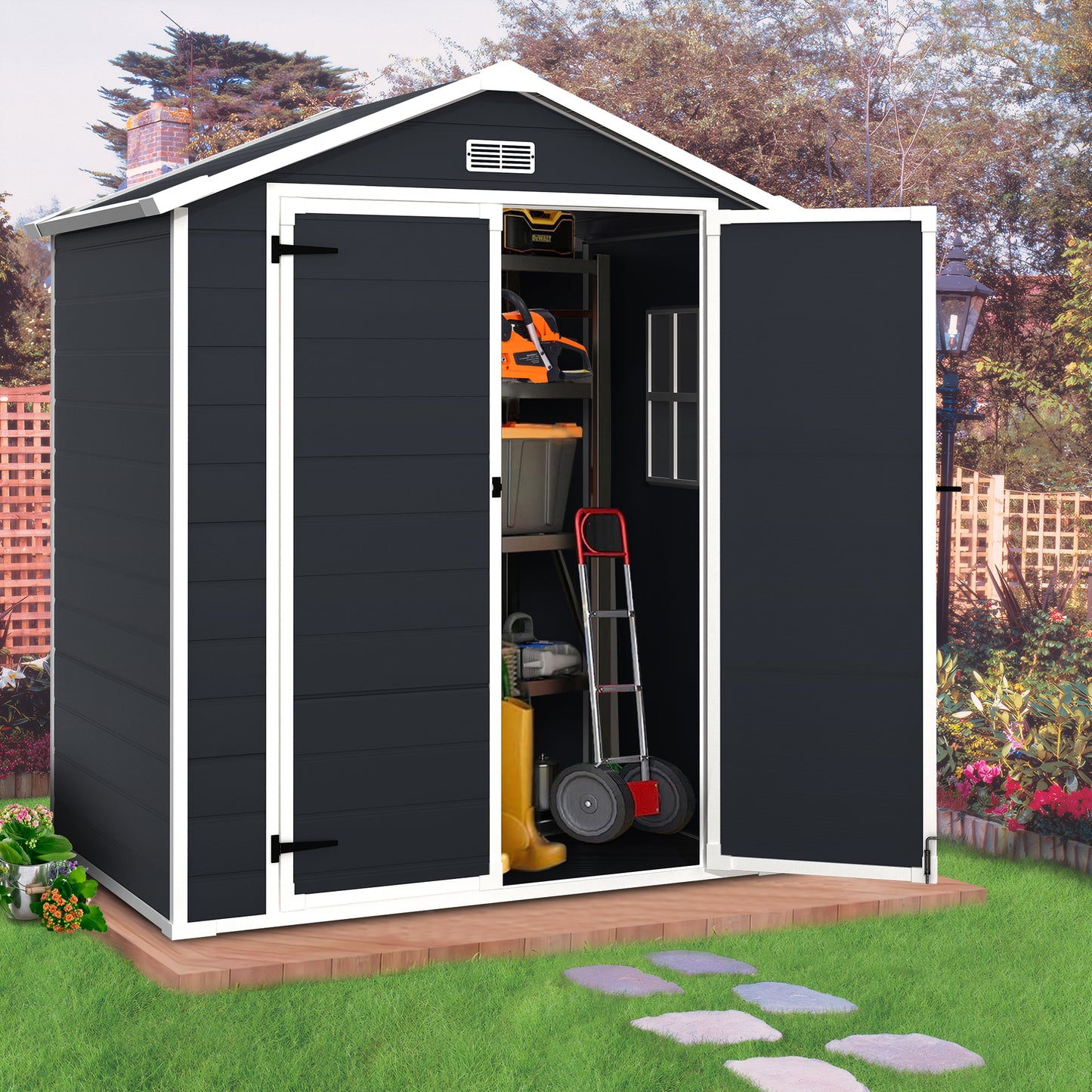 6ft x 4ft Plastic Sheds and Outdoor Storage, Resin Storage Shed with Reinforced Floor and Window for Lawnmower, Garden Tools, Bike and Garbage Can, Dark Gray Outdoor Storage Cabinet