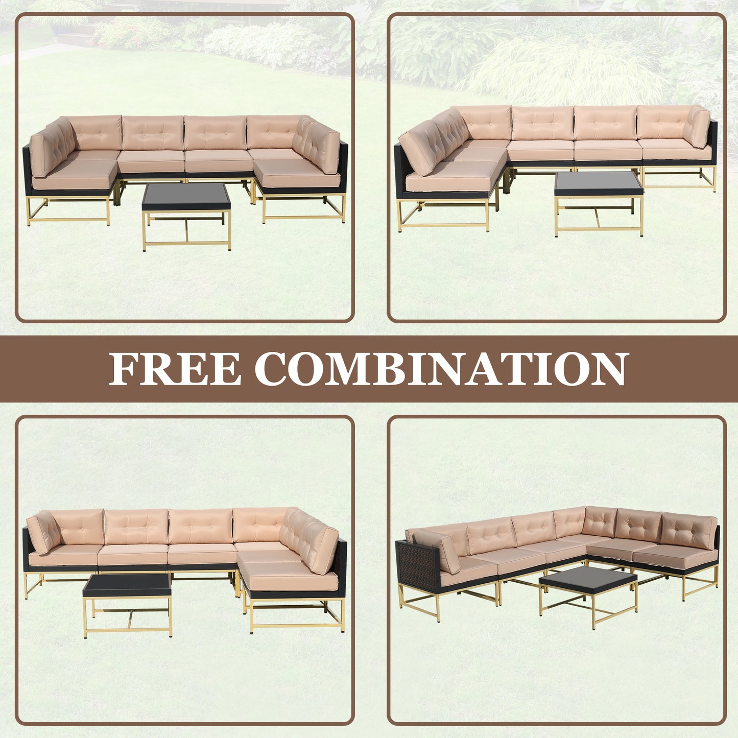 7 Pieces Rattan Sofa Patio Furniture Sets, Brown Wicker Outdoor Sectional Sofa Patio Conversation Sets with 3.9" Thick Cushions and Coffee Table, Garden Deck Backyard Seating Sets