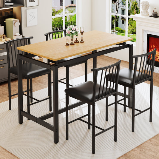 PORKISS Counter Height Dining Set for 4, Dining Room Set with Faux Wood Kitchen Table and 4 PU Cushion Chairs, 47" Rustic Brown & Black