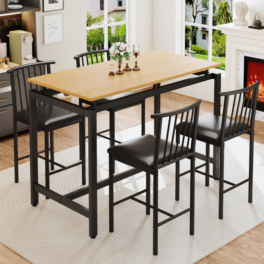 PORKISS Counter Height Dining Set for 4, Dining Room Set with Faux Wood Kitchen Table and 4 PU Cushion Chairs, 47" Rustic Brown & Black