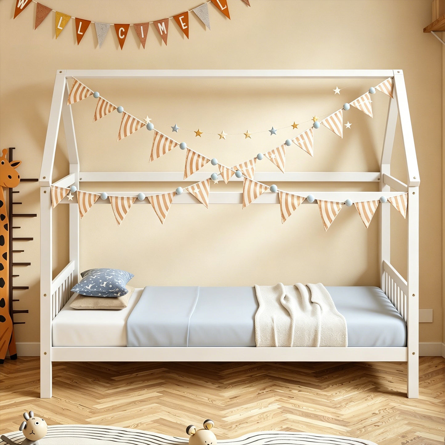 SESSLIFE House Bed with Fence, Wood House Bed, Floor Bed Frame, Twin Canopy Bed for Bedroom, No Box Spring Needed (White)