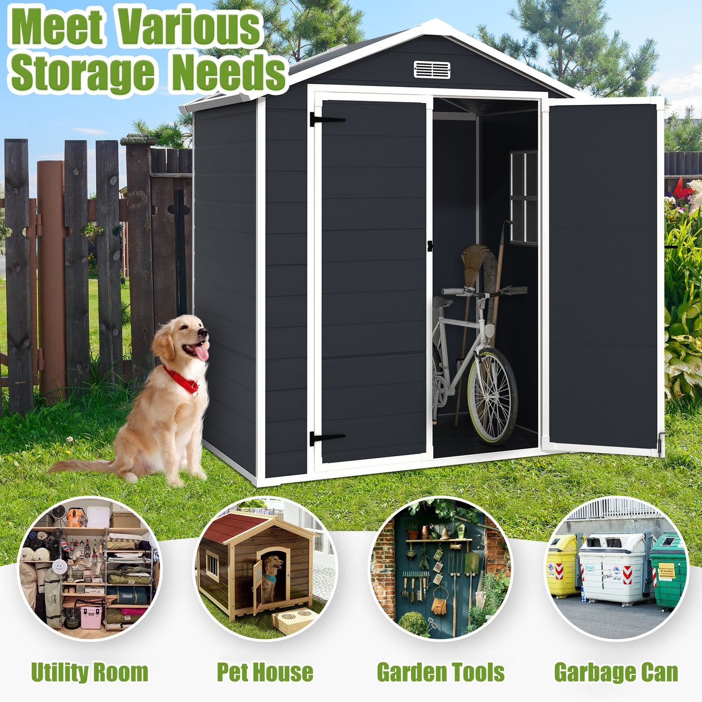 6ft x 4ft Plastic Sheds and Outdoor Storage, Resin Storage Shed with Reinforced Floor and Window for Lawnmower, Garden Tools, Bike and Garbage Can, Dark Gray Outdoor Storage Cabinet