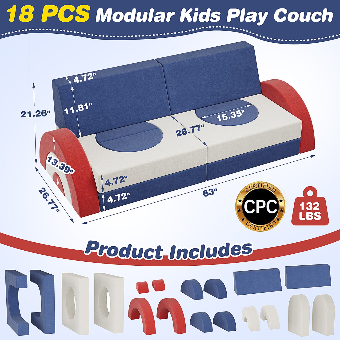 SESSLIFE 18 PCS Modular Kids Play Couch, Sponge Kids Sofa Couch for Boys Girls, Modern Toddler Sofa with More Fun, DIY Creativing Modular Kids Sofa for Playroom, Bedroom, Nursery, Aged 3+, Blue