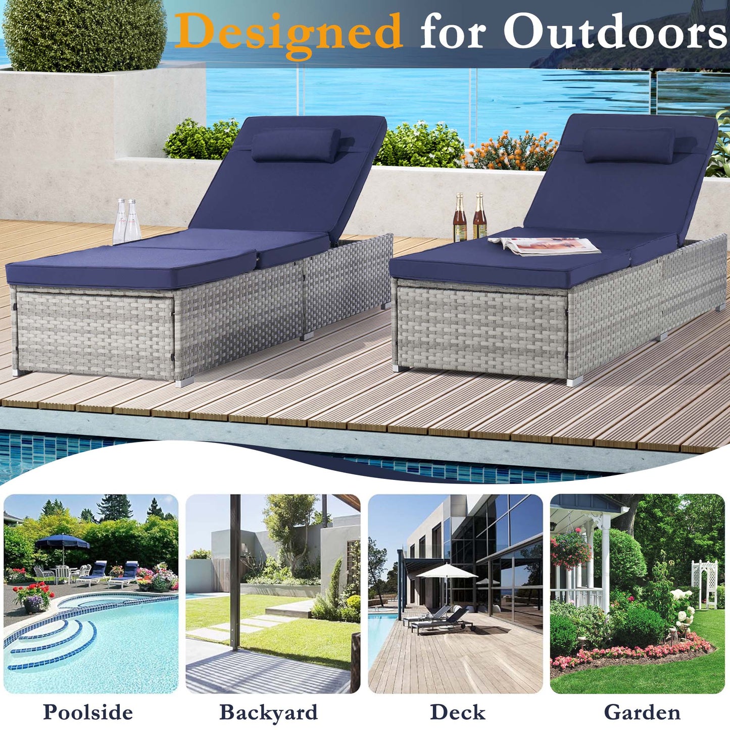 Outdoor Chaise Lounge Chairs Set, Patio Furniture Lounger Reclining Chairs with 5 Adjustable Positions and Pillow, Gray Wicker Patio Chairs Furniture for Poolside, Deck, Backyard