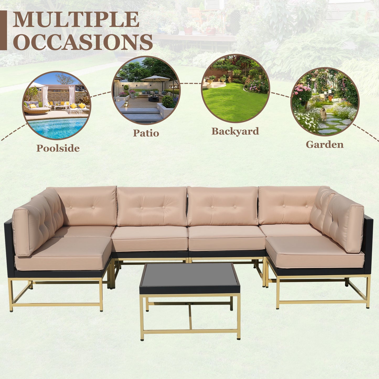 7 Pieces Rattan Sofa Patio Furniture Sets, Brown Wicker Outdoor Sectional Sofa Patio Conversation Sets with 3.9" Thick Cushions and Coffee Table, Garden Deck Backyard Seating Sets