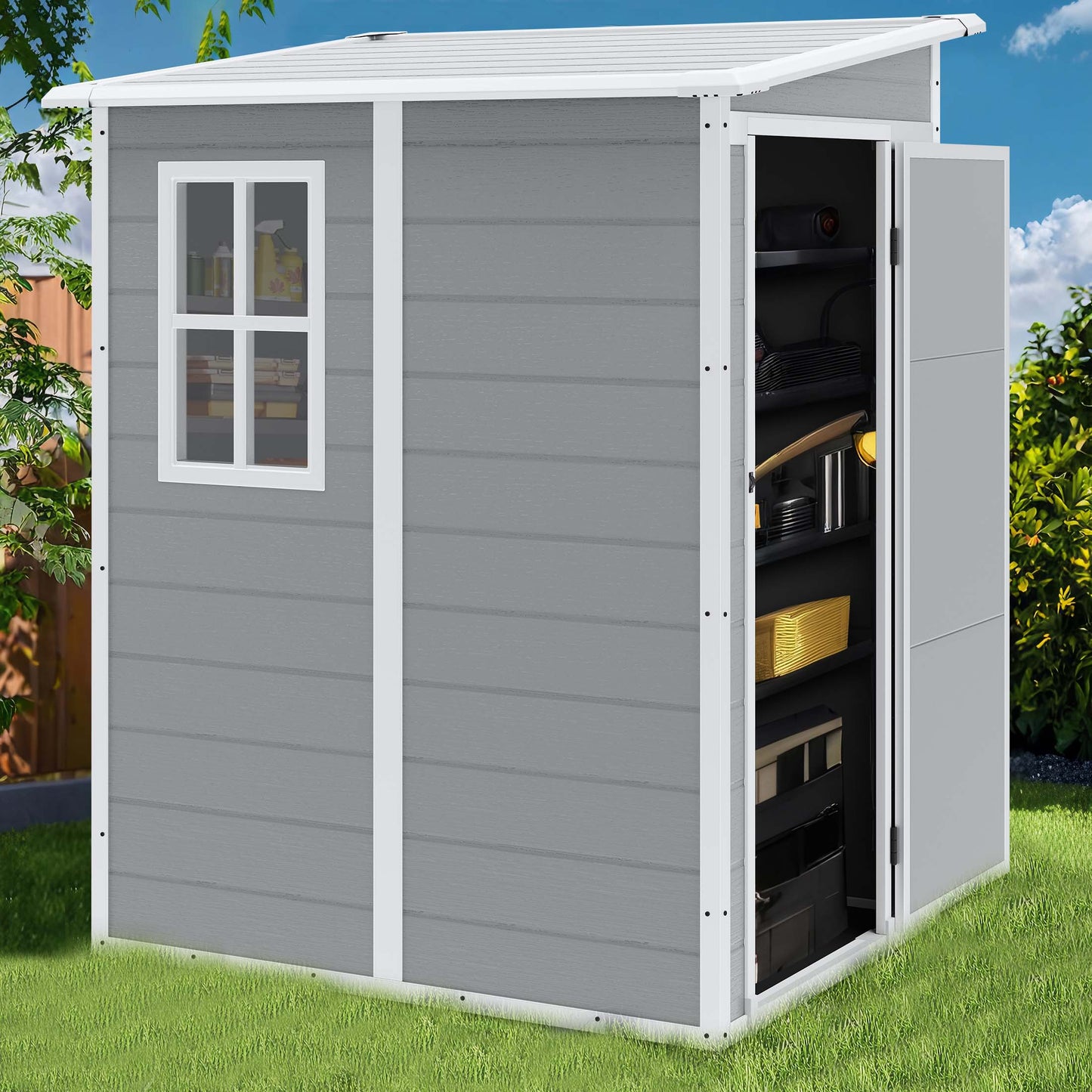 5 x 4 FT Resin Storage Shed, Outdoor Plastic Shed with Floor and Window, Resin Backyard Garden Storage Shed for Tools, Patio Furniture, Pool Accessories, Gray