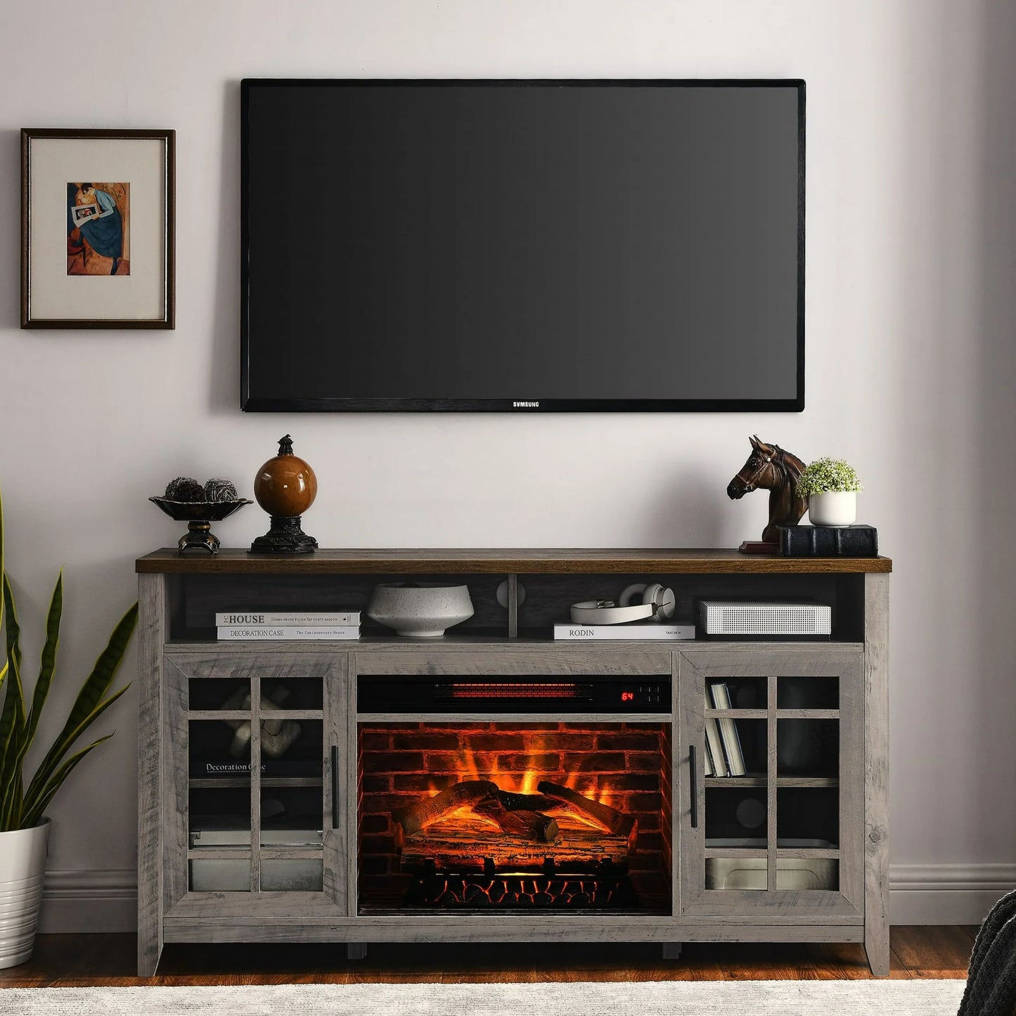 Sesslife Electric Fireplace TV Stand for 55" TV, Farmhouse TV Console Cabinet with LED Lights & Fireplace, Wood Entertainment Center with Adjustable Shelves & Storage Cabinets for Living Room, Gray