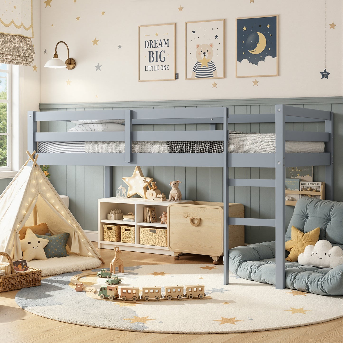 Twin Loft Bed with Ladder and Guardrails for Boys Girls, SESSLIFE Low Height Solid Wood Bed Frame, Space Saving Loft Bed with Under Bed Reading Nook, Play Area, Storage Space, White