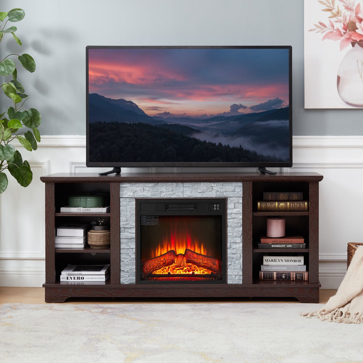 Sesslife Electric Fireplace TV Stand with Remote for 70" TVs, Farmhouse Media Entertainment Center with Faux Stacked Stone Surrounded for Living Room, Wood TV Console Table with Open Shelves, Cherry