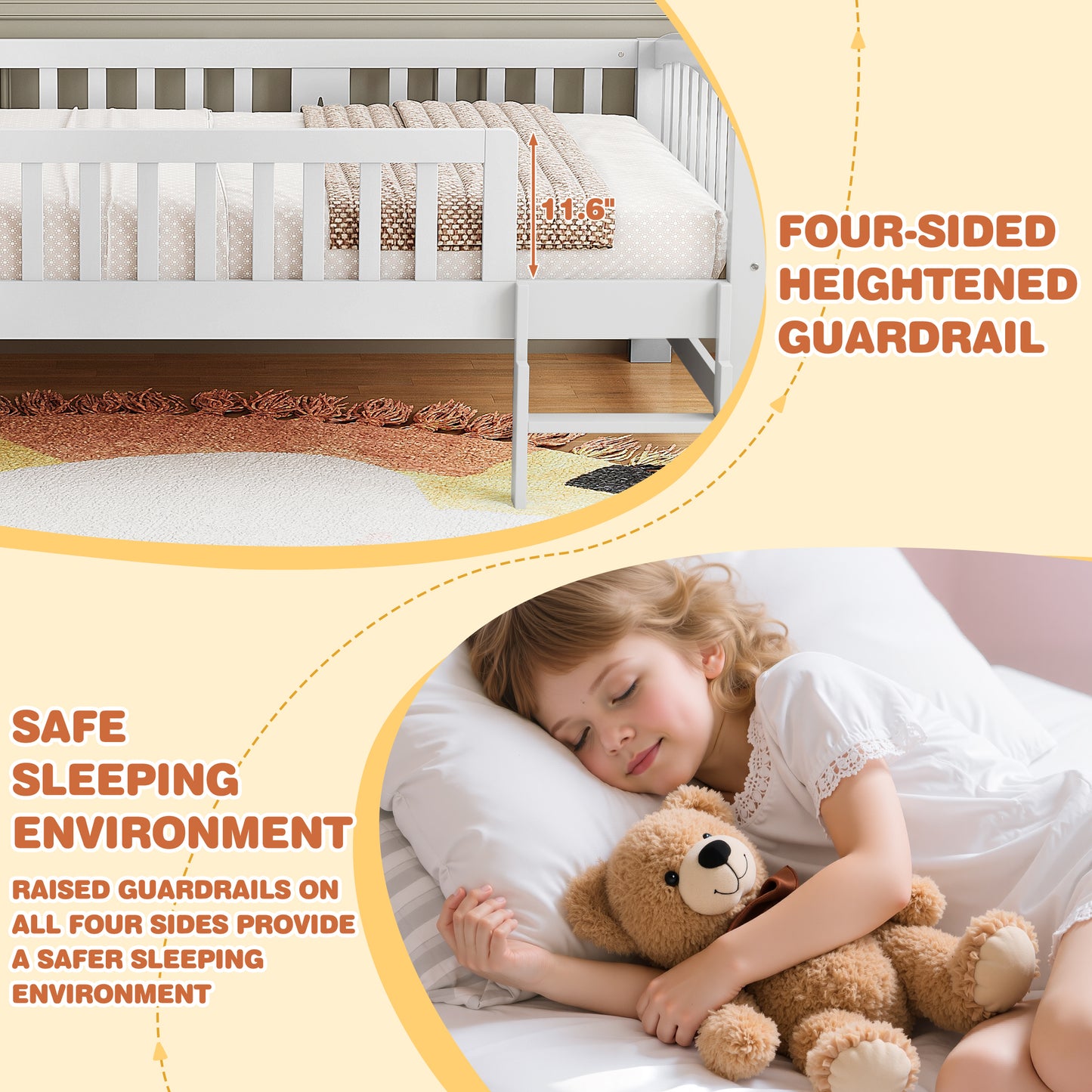 SESSLIFE Twin Size Platform Bed, Solid Wood Twin Bed Frame with Slats, Fence Guardrail Ladder, Twin Floor Bed with Strong Legs for Boys Girls, No Box Spring Needed, Holds 400 lbs, White