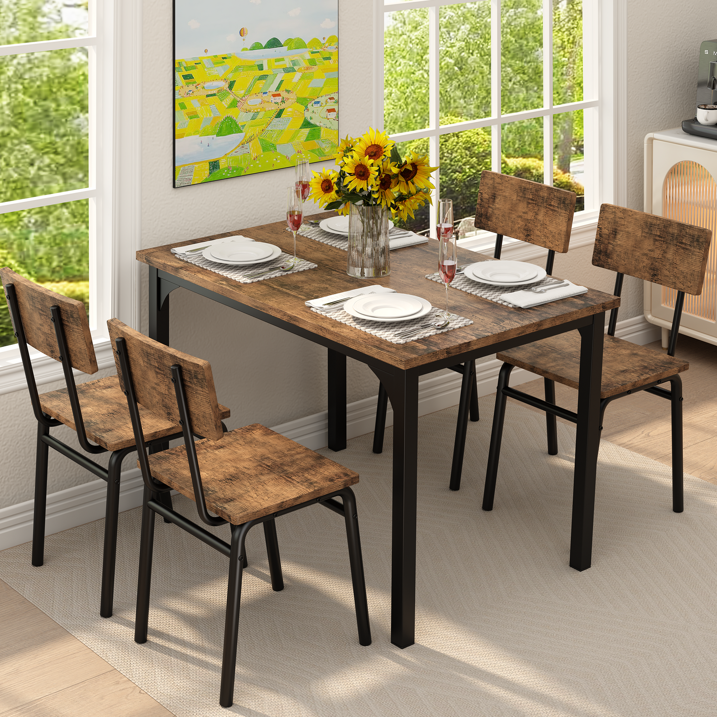 SESSLIFE 5 Piece Dining Table Set with 4 Chairs, Table and Chairs Set for 4 Persons, Metal Frame & Wood Seat, Home Kitchen Breakfast Table, Natural