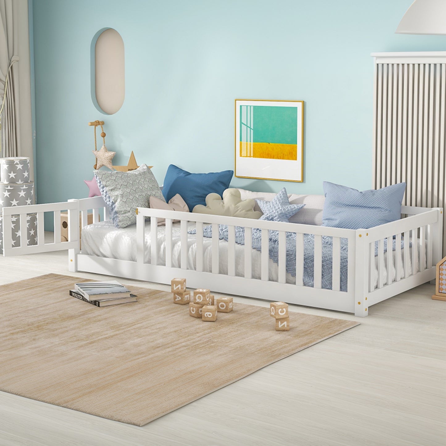 Sesslife Twin Size Floor Bed with Door and Fence, Wood Floor Platform Bed with Slats, Toddler Bed for Kids Boys Girls, Montessori Bed, No Box Spring Needed, Grey