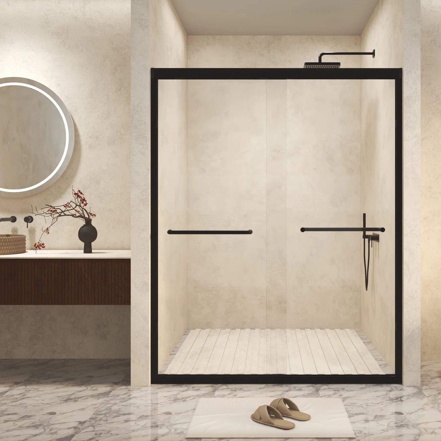 Sesslife 44-48" W x 72 in H Double Sliding Shower Door with Aluminum Frame, Modern Bathroom Shower Door with 1/4" Clear Tempered Glass and Stainless Steel Long Handles, SCGG Certified, Matte Black