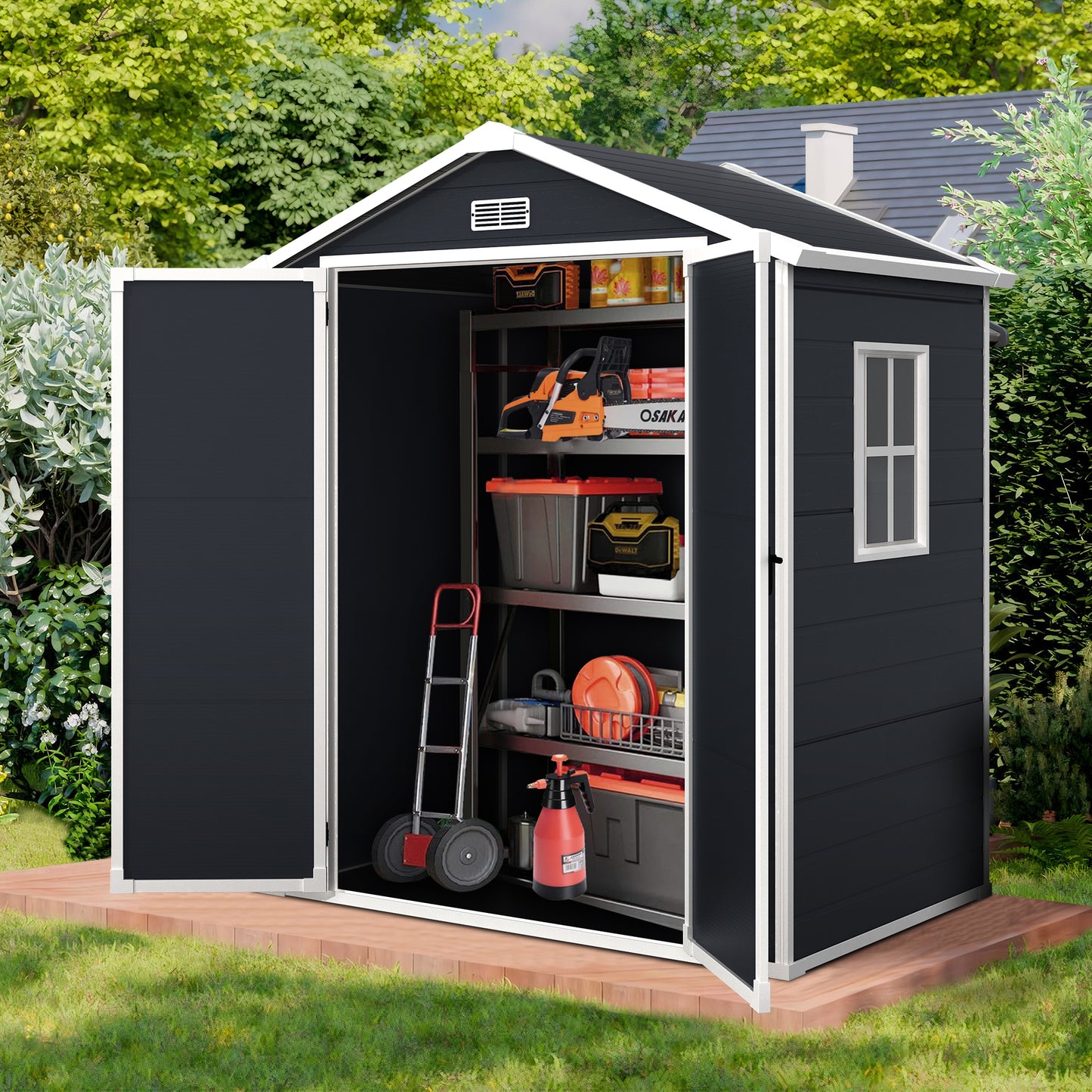 6ft x 4ft Plastic Sheds and Outdoor Storage, Resin Storage Shed with Reinforced Floor and Window for Lawnmower, Garden Tools, Bike and Garbage Can, Dark Gray Outdoor Storage Cabinet