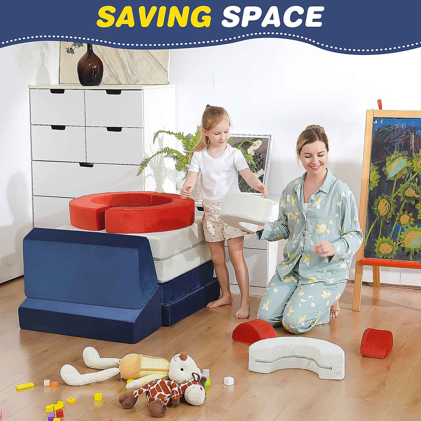 SESSLIFE 18 PCS Modular Kids Play Couch, Sponge Kids Sofa Couch for Boys Girls, Modern Toddler Sofa with More Fun, DIY Creativing Modular Kids Sofa for Playroom, Bedroom, Nursery, Aged 3+, Blue