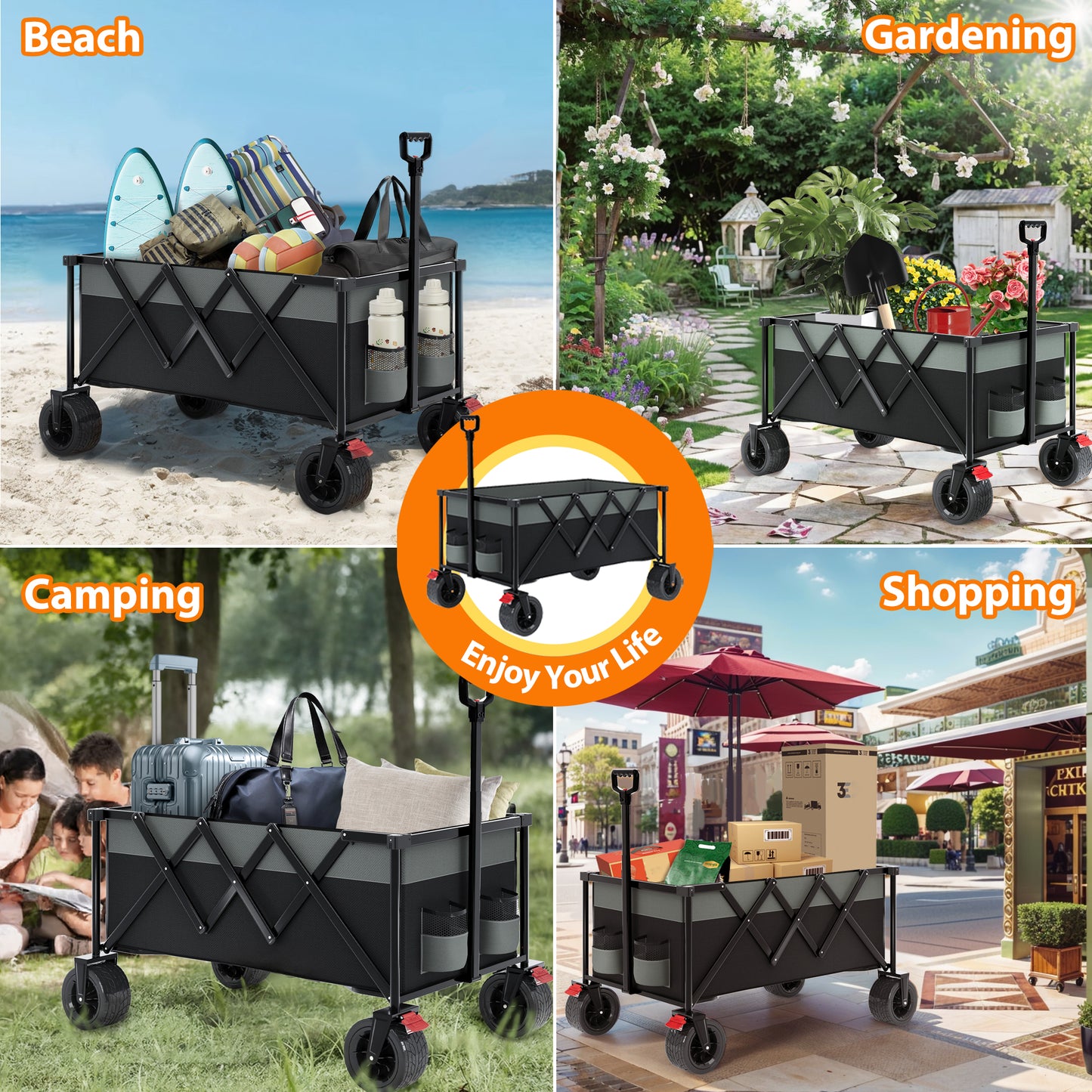 SESSLIFE Folding Beach Wagon Cart, 350LBS Capacity Camping Wagon with Big Wheels, Extra Pocket, Storage Bag and Cup Holder, Collapsible Portable Wagon Cart, Gray+Black