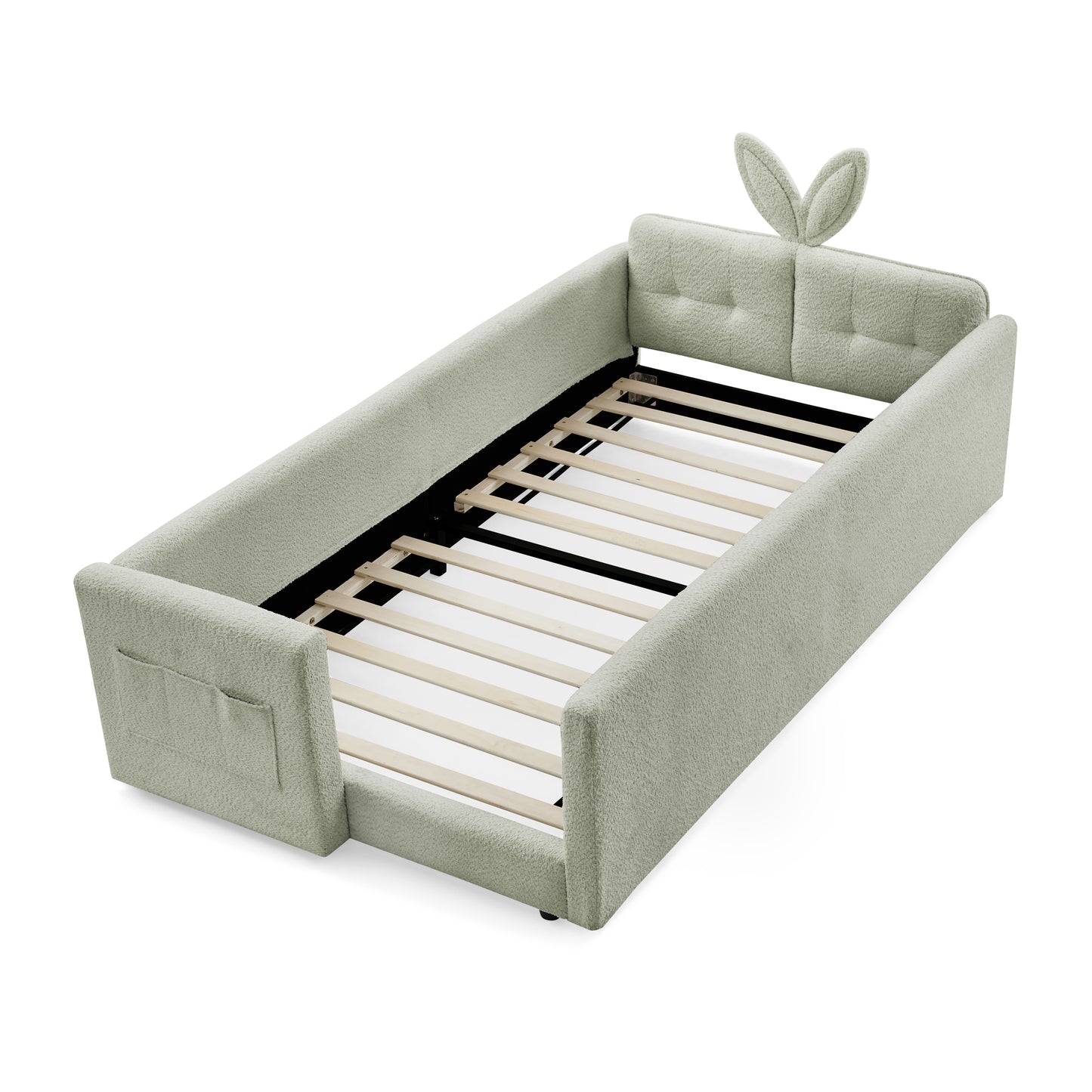 Sesslife Twin Bed Frame with Guardrail, Upholstered Twin Size Floor Bed with Rabbit Ear Headboard and Side Pocket, Montessori Platform Bed Frame with Wood Slats for Little Boys Girls, Beige