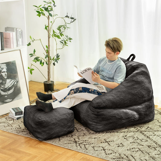 PORKISS Bean Bag Chair with Footstool, Sofa Bean Bag for Adults Teens, Teddy Upholstered Memory Foam Sofa Sack, Black