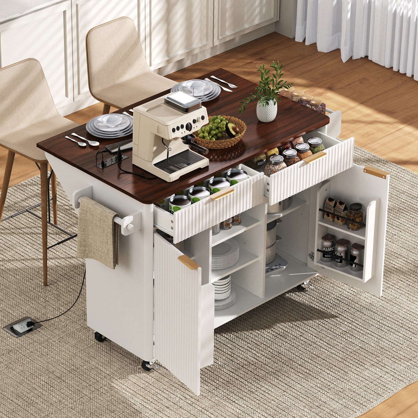SESSLIFE 52” Fluted Kitchen Island Cart with Drop Leaf Tabletop, Built-in Power Outlet, Rolling Kitchen Storage Island with Adjustable Shelves, 2 Doors and 2 Drawers, Walnut Color Top, White