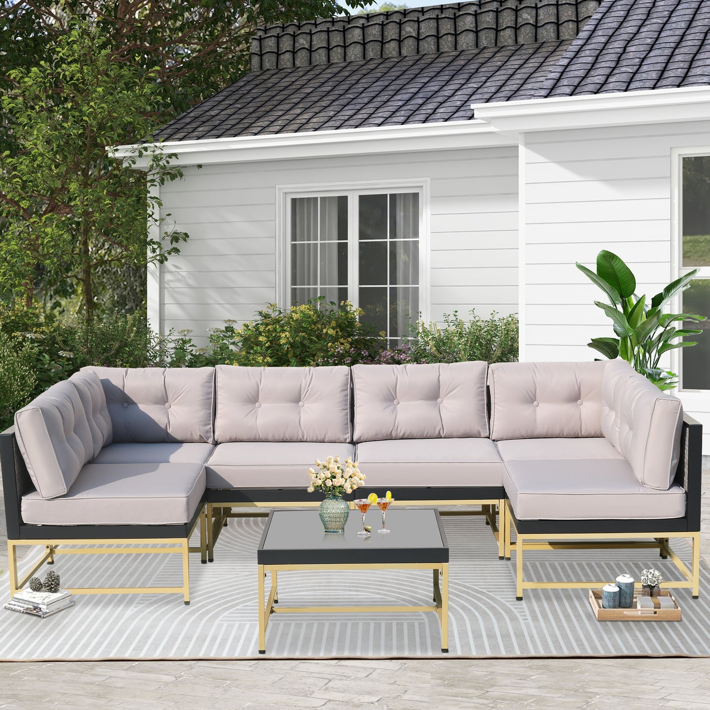 7 Pieces Rattan Sofa Patio Furniture Sets, Gray Wicker Outdoor Sectional Sofa Patio Conversation Sets with 3.9" Thick Cushions and Coffee Table, Garden Deck Backyard Seating Sets