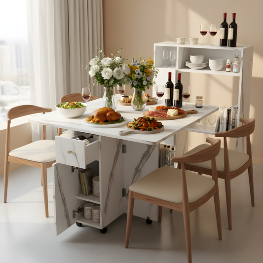 SESSLIFE Multifunctional Folding Dining Table for 4-6 People, Extendable Drop Leaf with Storage Shelf and Wheel for Kitchen and Apartment, Small Spaces, White