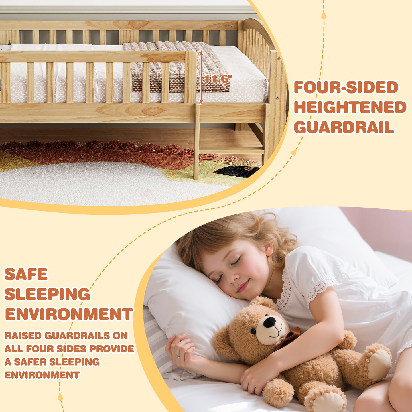 SESSLIFE Twin Size Platform Bed for Kids, Solid Wood Toddler Bed Frame with Slats, Fence Guardrail Ladder, Montessori Floor Bed for Boys Girls, No Box Spring Needed, Holds 400 lbs, Natural