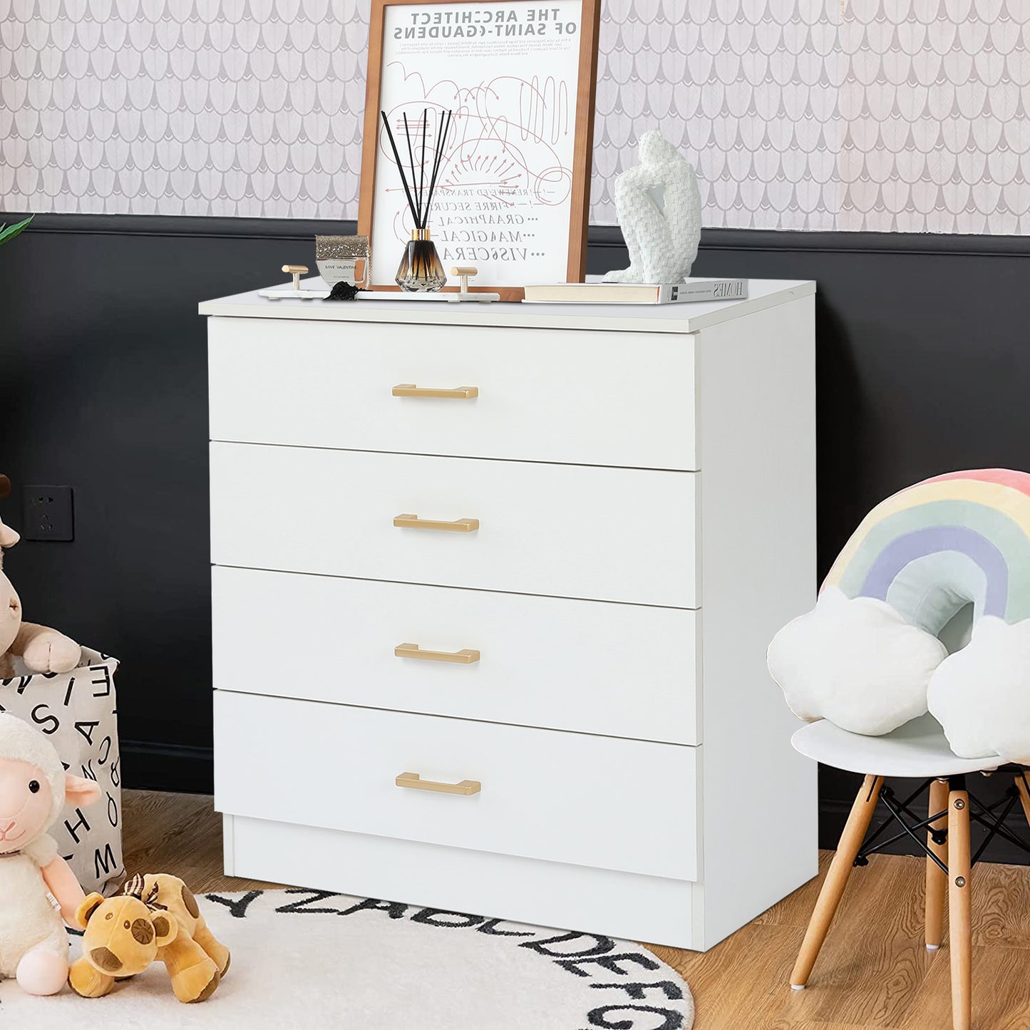 Sesslife New Upgrade Nightstand, Modern White Nightstand with 4 Drawers, Wood Bedside Table Night Stand for Bedroom
