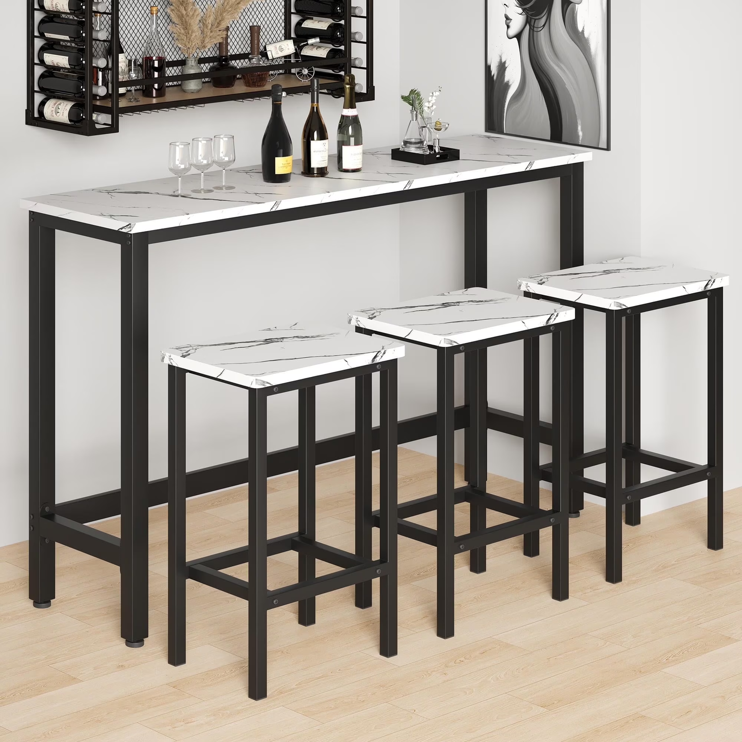 Dining Table Set for 3, Modern Kitchen Table Set with 3 Stools, Extra Long Bar Table Set, Wooden Pub Table and Chairs Set, Saving Space Patio Restaurant Bistro Table Set, Gray, JA2869