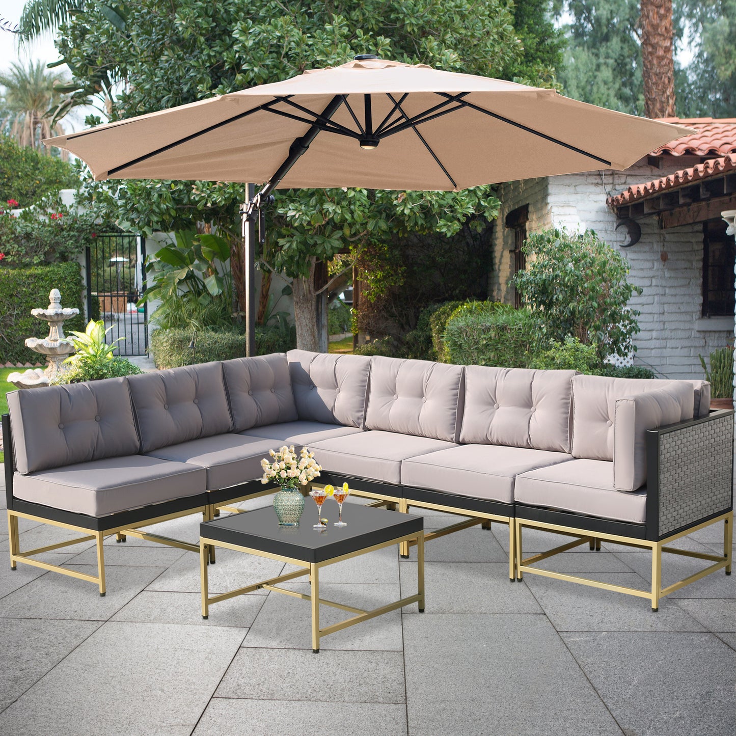 7 Pieces Rattan Sofa Patio Furniture Sets, Gray Wicker Outdoor Sectional Sofa Patio Conversation Sets with 3.9" Thick Cushions and Coffee Table, Garden Deck Backyard Seating Sets