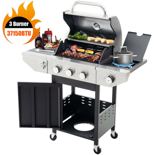 3 Burner Propane Gas Grill, 37,150BTU Stainless Steel Barbecue Grill with Side Burner and Thermometer, Outdoor Cooking BBQ Camping Grill