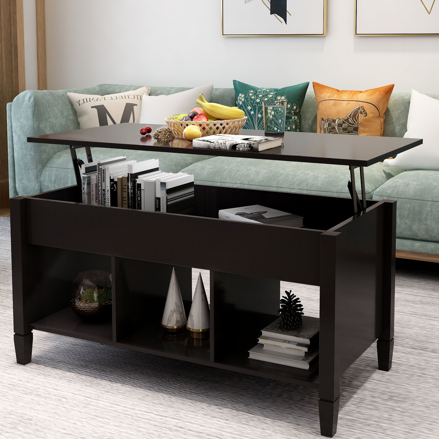 Sesslife Black Lift Top Coffee Table with Storage Shelf and Hidden Compartment, Modern Lift Tabletop Dining Table for Living Room, Home Office