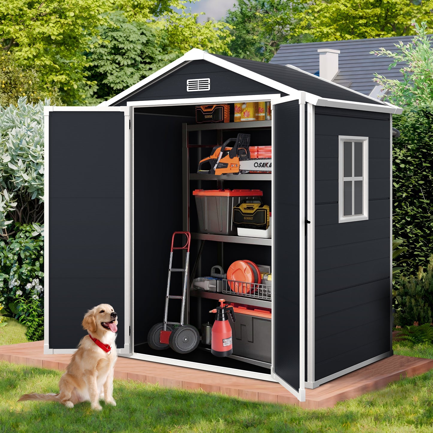 6ft x 4ft Plastic Sheds and Outdoor Storage, Resin Storage Shed with Reinforced Floor and Window for Lawnmower, Garden Tools, Bike and Garbage Can, Dark Gray Outdoor Storage Cabinet