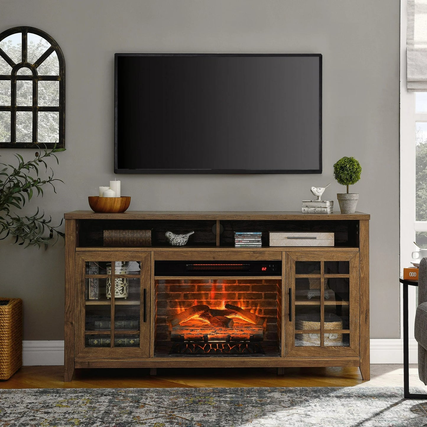 Sesslife Electric Fireplace TV Stand for 55" TV, Farmhouse TV Console Table with Fireplace, Wood Media Entertainment Center with Adjustable Shelves and Storage Cabinets for Living Room, Brown