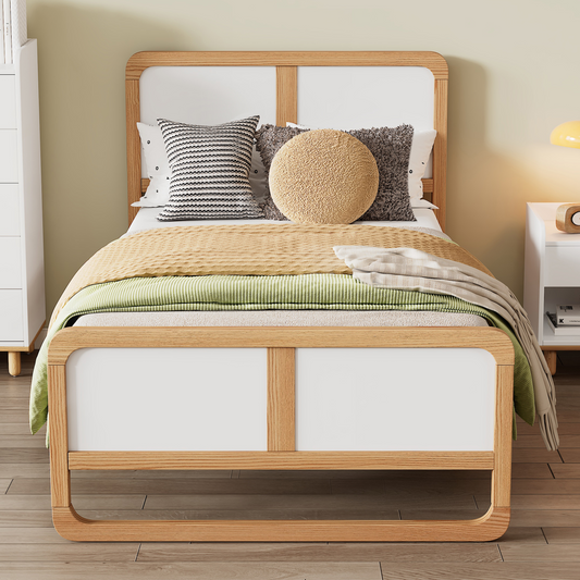 ENYOPRO Twin Wood Platform Bed, Modern Twin Bed Frame with Headboard and Footboard, No Need Box Spring, Strong Wood Slat Support, Easy Assembly, Walnut and White